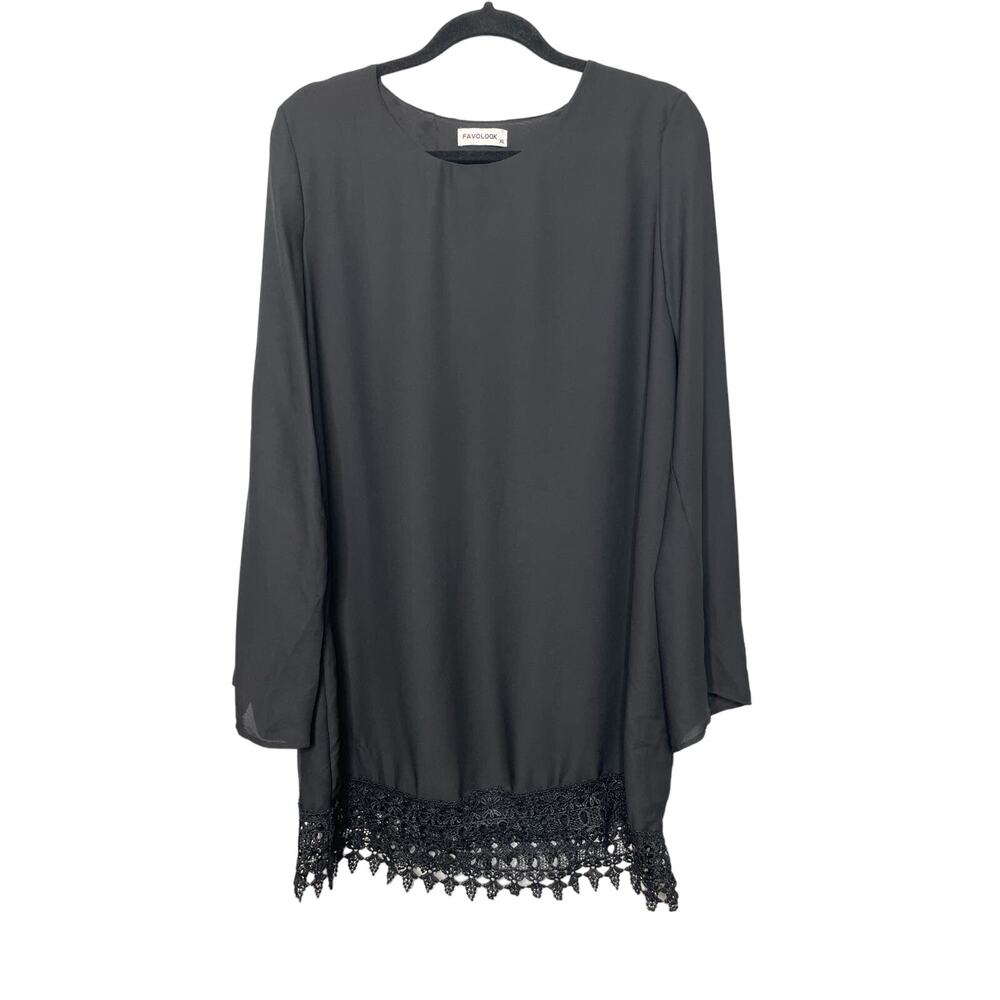 Favolook Long Sleeve Mini Dress Lace Fringe Hem Black‎ Size XL Goth Dark Whimsy